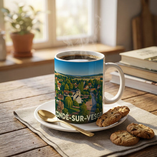 Mug souvenir de la ville de Condé-sur-Vesgre avec une illustration stylisée d'un paysage urbain verdoyant.
