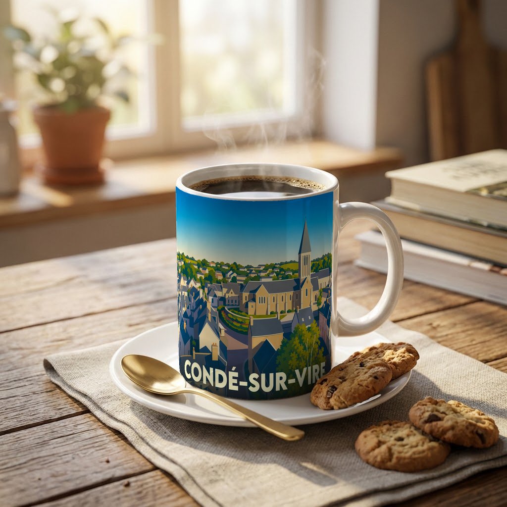 Mug souvenir de la ville de Condé-sur-Vire avec une illustration stylisée du paysage urbain.
