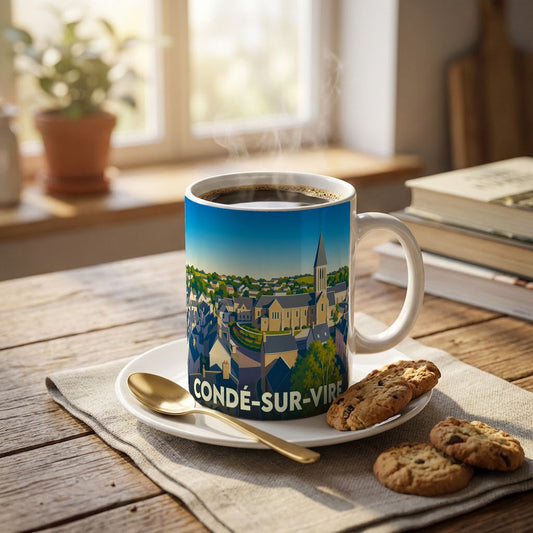 Mug souvenir de la ville de Condé-sur-Vire avec une illustration stylisée du paysage urbain.