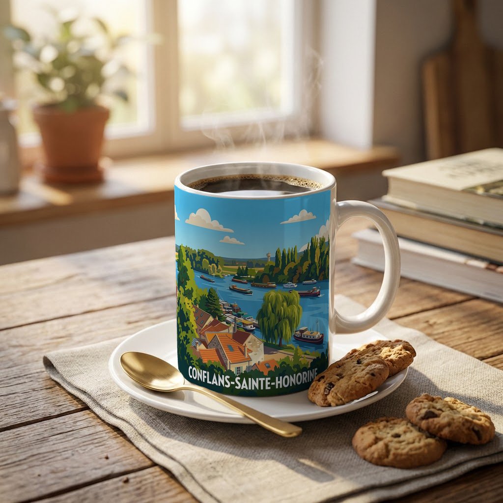 Mug souvenir de la ville de Conflans-Sainte-Honorine avec une illustration stylisée.