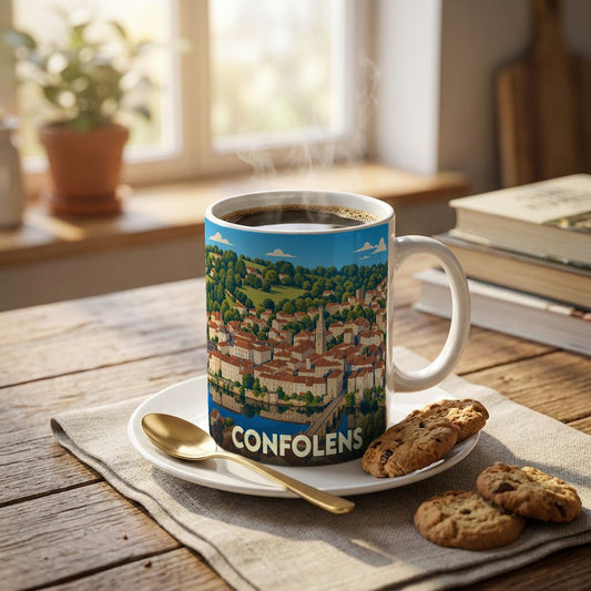 Mug souvenir de la ville de Confolens orné d'une illustration stylisée du bord de l'eau.