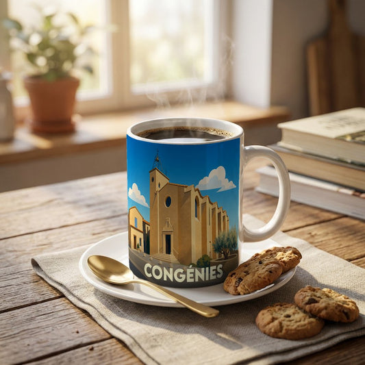 Mug souvenir de la ville de Congénies orné d'une illustration stylisée de son église.
