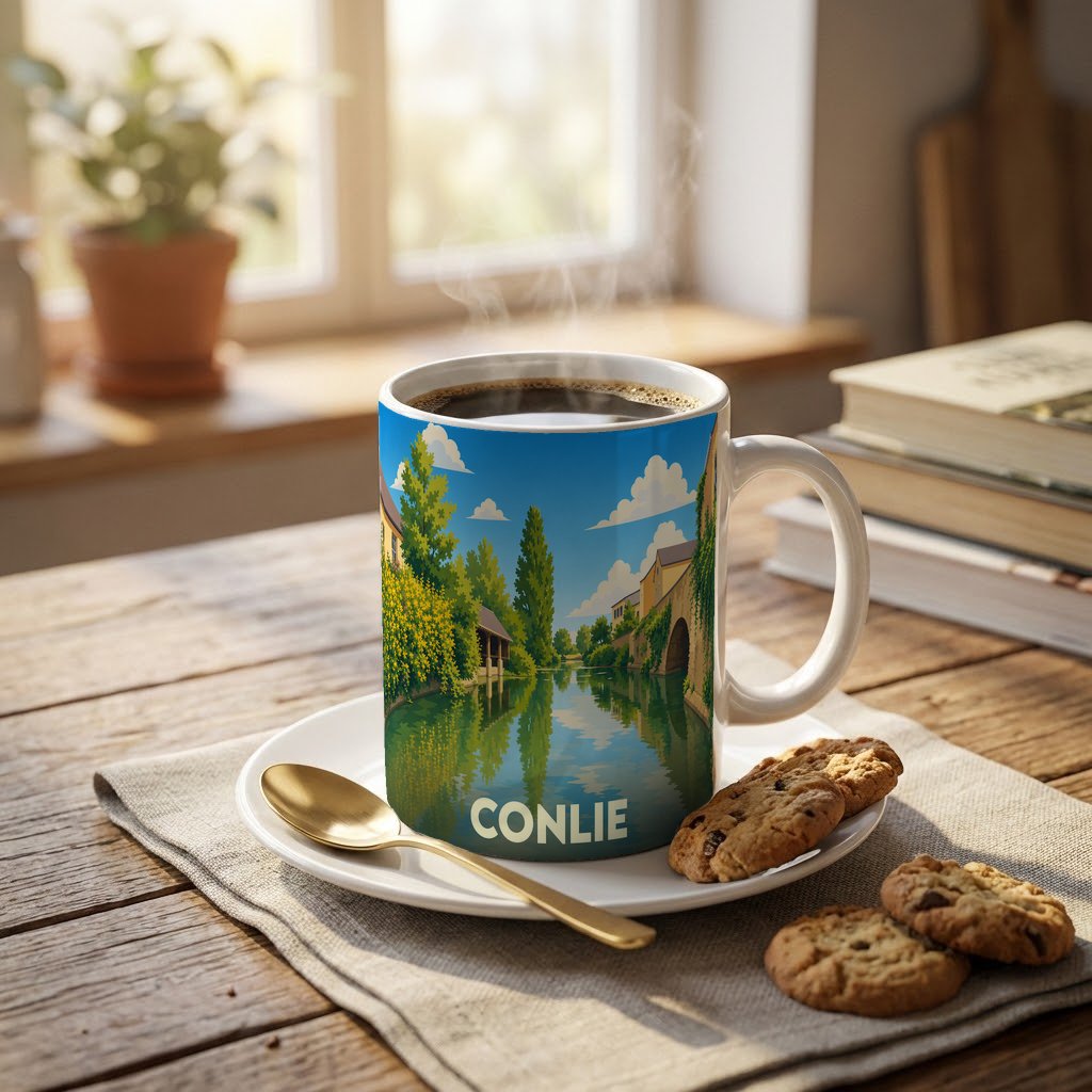 Mug souvenir de la ville de Conlie illustré d'un paysage fluvial paisible et coloré.