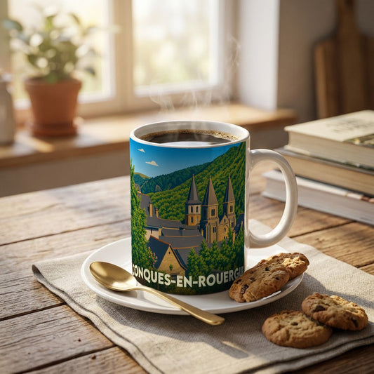 Mug souvenir de la ville de Conques-en-Rouergue avec une illustration stylisée de son église abbatiale et de ses paysages verdoyants.