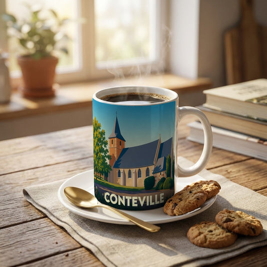 Mug souvenir de la ville de Conteville orné d'une illustration stylisée de son église.