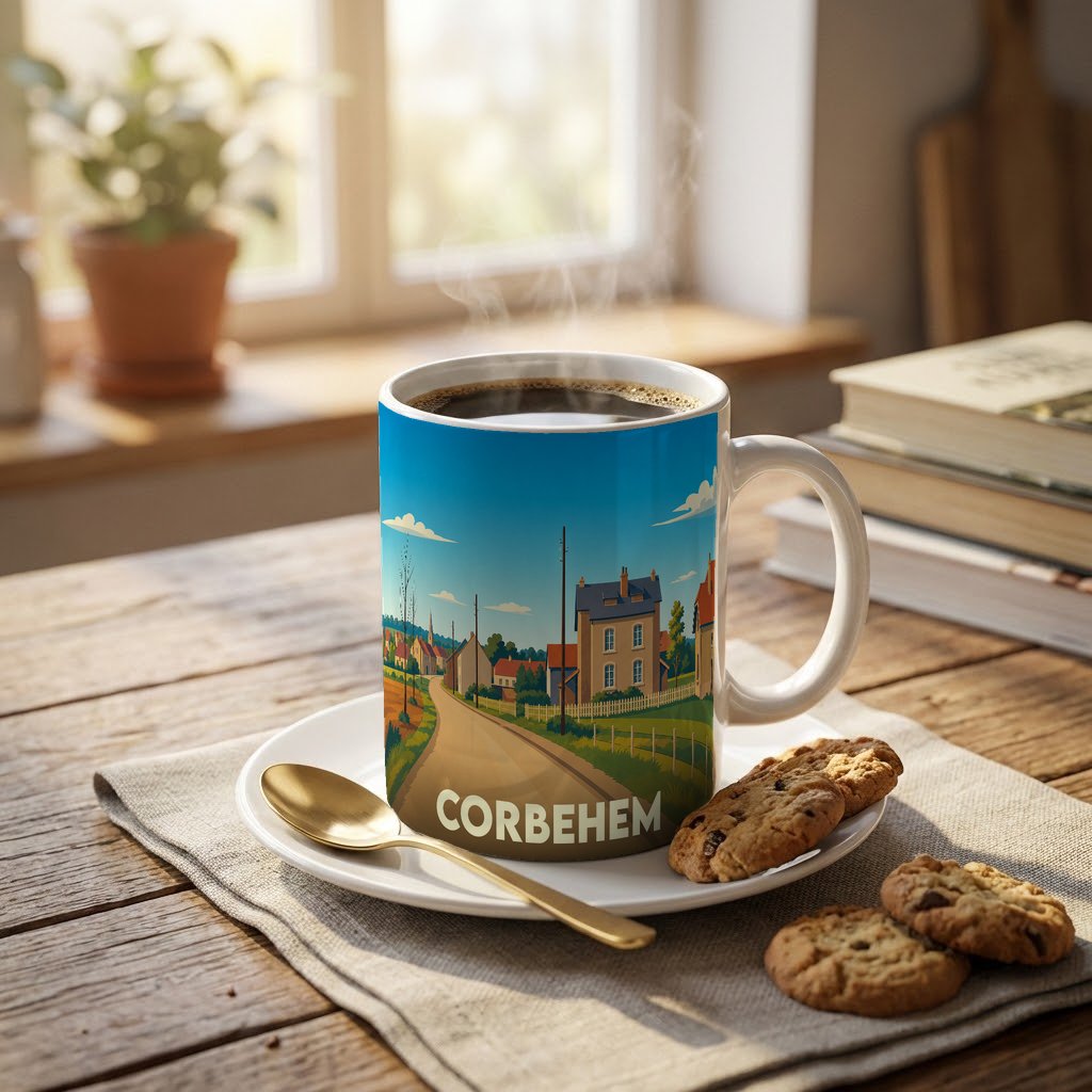 Mug souvenir de la ville de Corbehem illustré d'un paysage urbain stylisé.