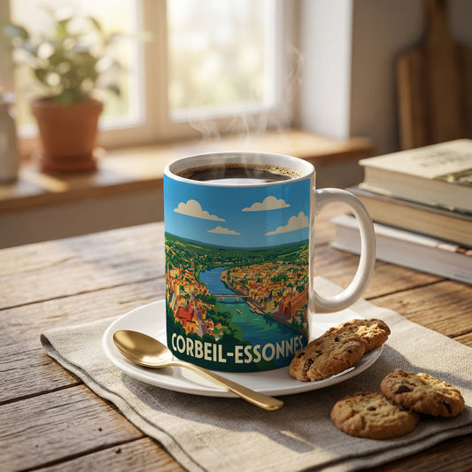 Mug souvenir de la ville de Corbeil-Essonnes avec une illustration panoramique stylisée.