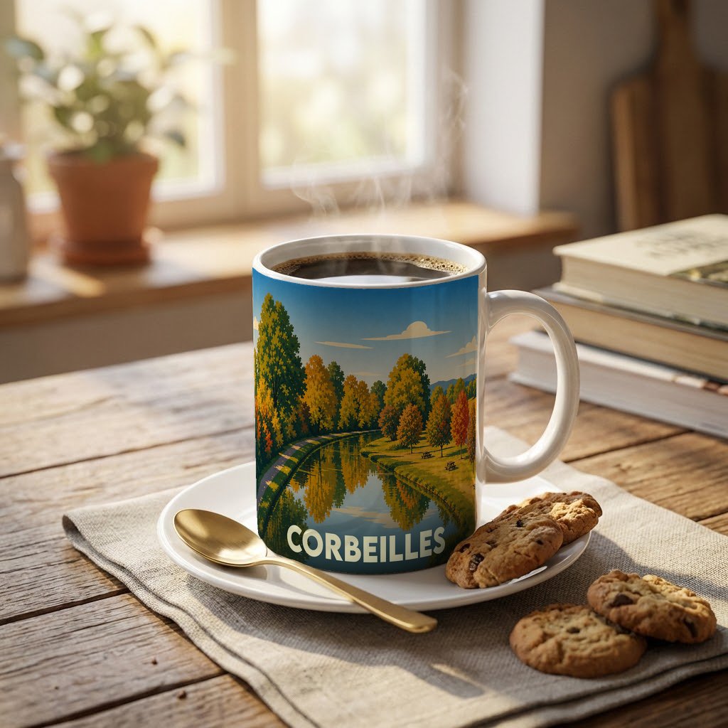 Mug souvenir de la ville de Corbeilles orné d'une illustration paysagère automnale.