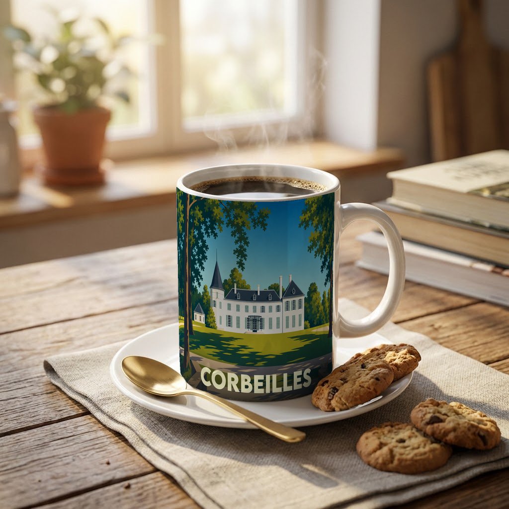 Mug souvenir de la ville de Corbeilles illustré d'un château stylisé dans un écrin de verdure.
