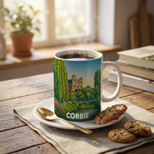 Mug souvenir de la ville de Corbie illustré d'un paysage stylisé de son abbaye et de la Somme.