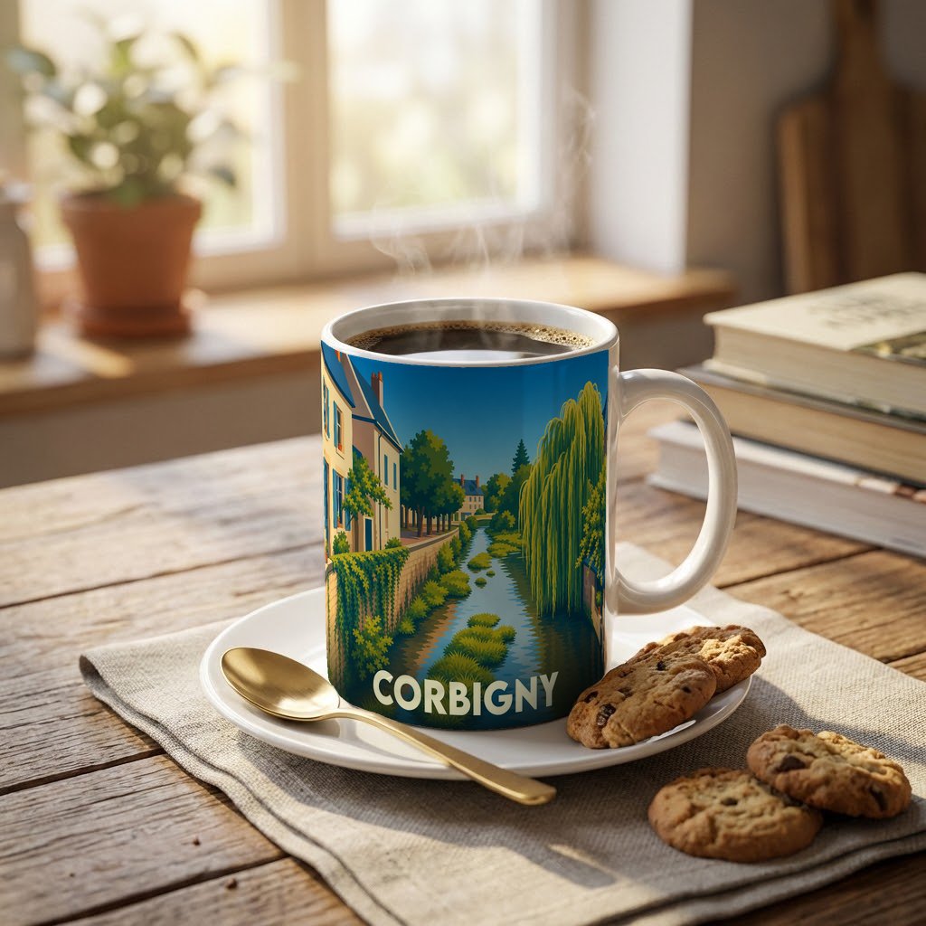 Mug souvenir de la ville de Corbigny orné d'une illustration stylisée représentant un canal bordé de maisons et de végétation.