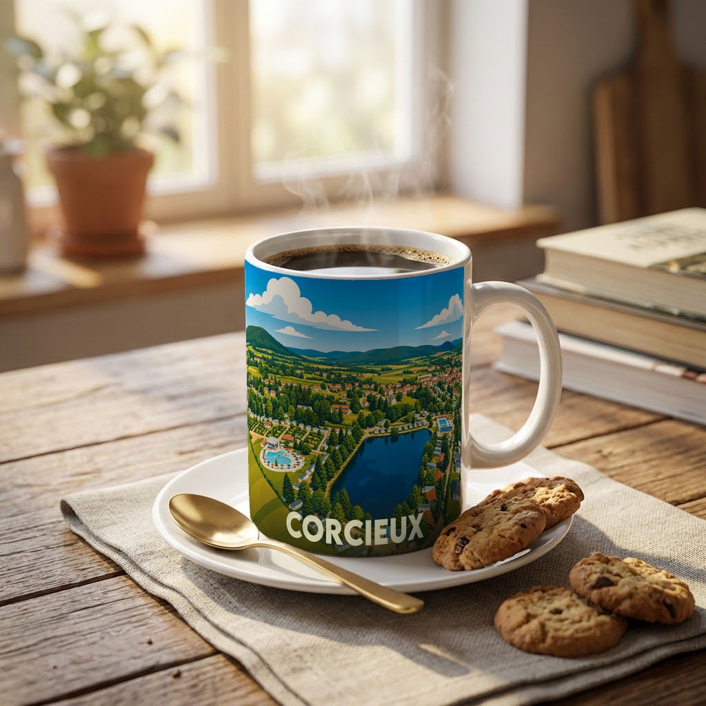 Mug souvenir de la ville de Corcieux illustré d'un paysage panoramique stylisé.