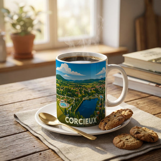 Mug souvenir de la ville de Corcieux illustré d'un paysage panoramique stylisé.