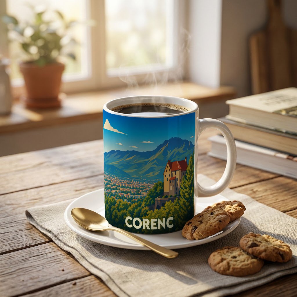 Mug souvenir de la ville de Corenc avec une illustration stylisée de ses montagnes et de son patrimoine.