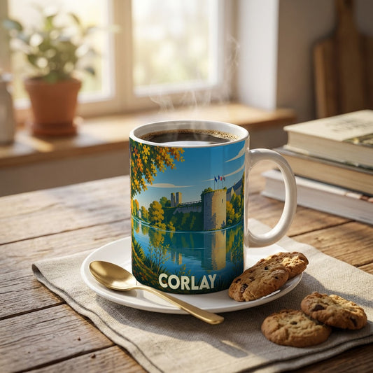 Mug souvenir de la ville de Corlay orné d'une illustration stylisée de son château se reflétant dans l'eau.