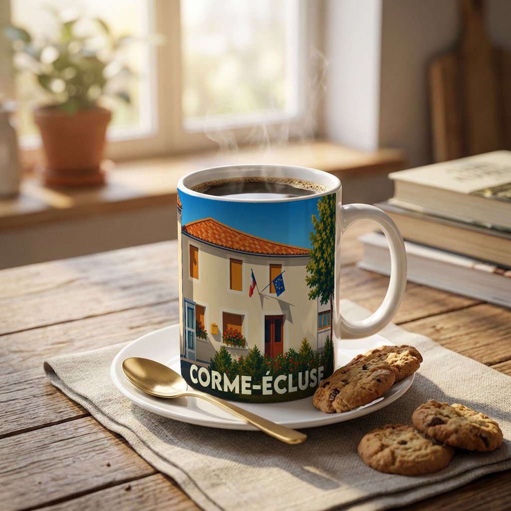 Mug souvenir de la ville de Corme-Écluse avec une illustration stylisée.