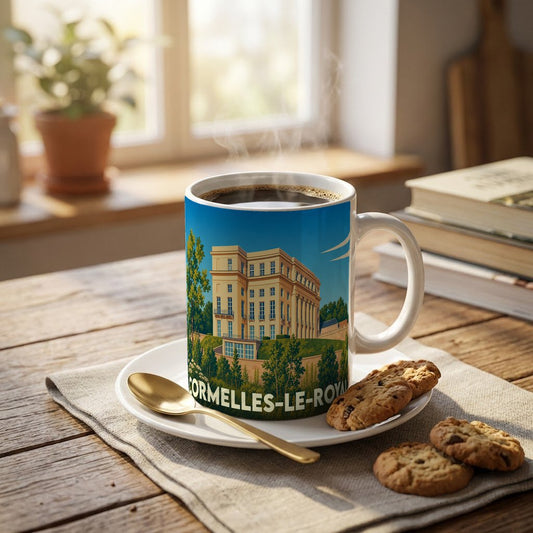 Mug souvenir de la ville de Cormelles-le-Royal orné d'une illustration stylisée de son architecture.