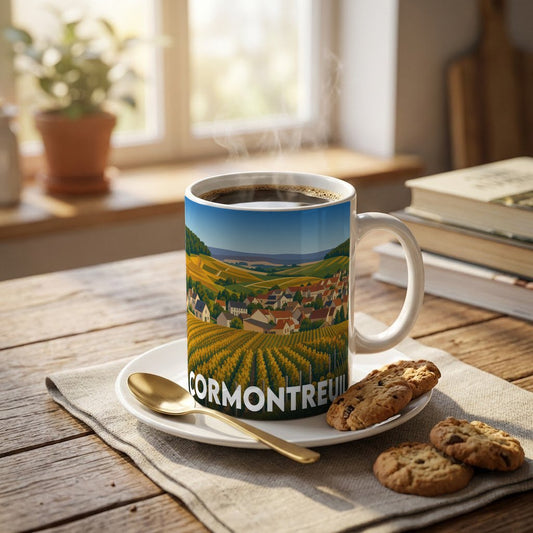Mug souvenir de la ville de Cormontreuil orné d'une illustration stylisée de ses vignobles et de son village.