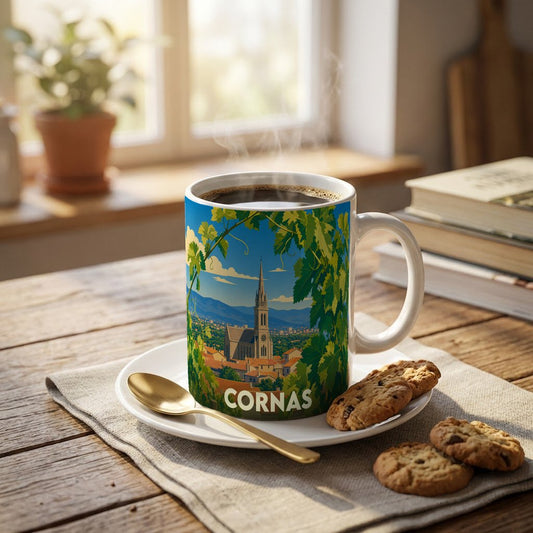 Mug souvenir de la ville de Cornas illustré d'un paysage urbain encadré de vignes.