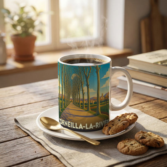 Mug souvenir de la ville de Corneilla-la-Rivière avec une illustration stylisée d'une allée d'arbres.