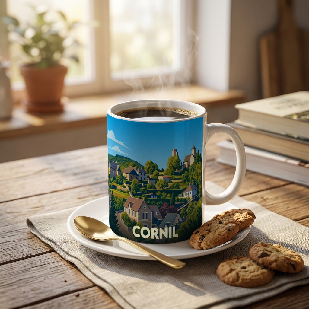 Mug souvenir de la ville de Cornil orné d'une illustration paysagère stylisée.