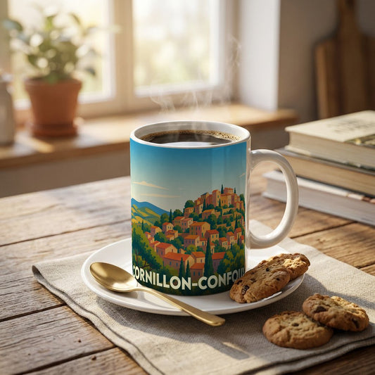 Mug souvenir de la ville de Cornillon-Confoux avec une illustration stylisée de ses maisons provençales.