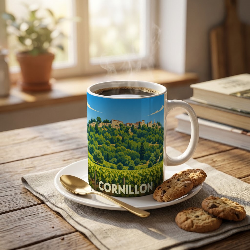 Mug souvenir de la ville de Cornillon avec une illustration stylisée d'un paysage de vignobles.