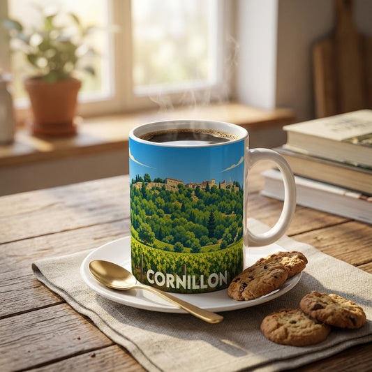 Mug souvenir de la ville de Cornillon avec une illustration stylisée d'un paysage de vignobles.