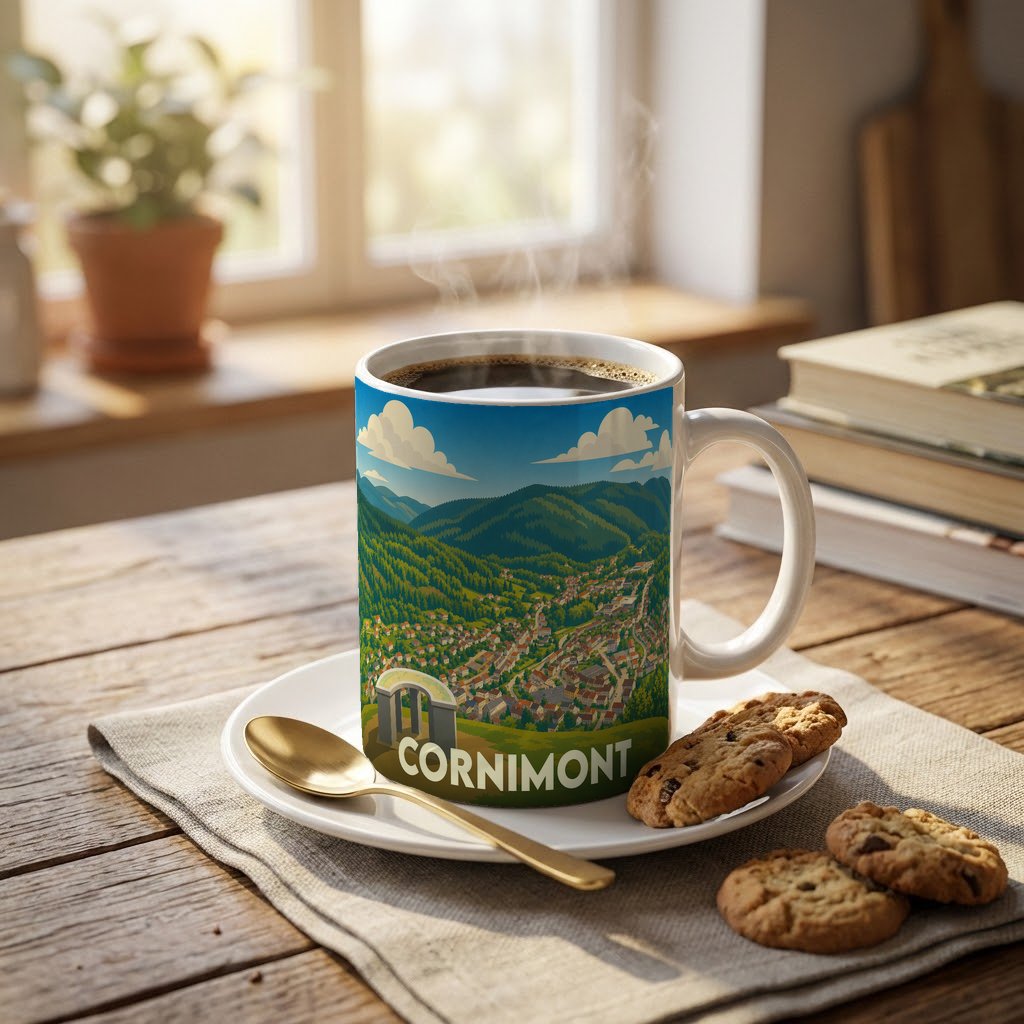 Mug souvenir de la ville de Cornimont orné d'une illustration panoramique et stylisée de la commune.
