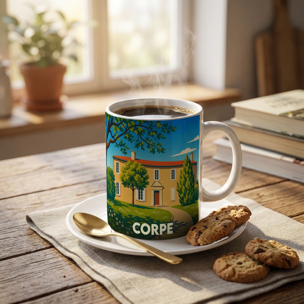 Mug souvenir de la ville de Corpe orné d'une illustration stylisée d'une demeure bourgeoise.