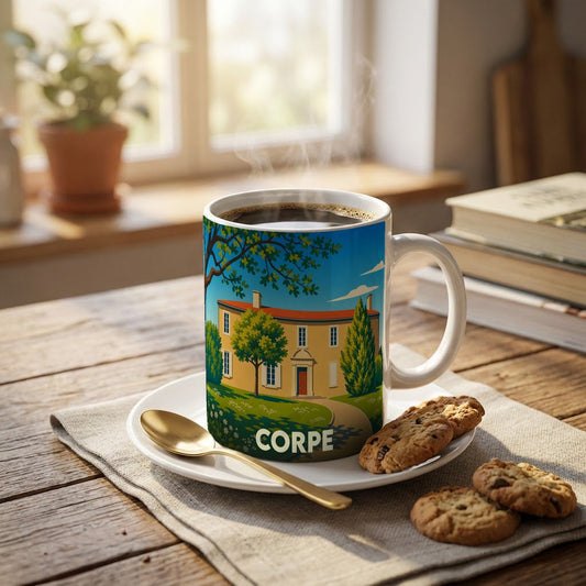 Mug souvenir de la ville de Corpe orné d'une illustration stylisée d'une demeure bourgeoise.