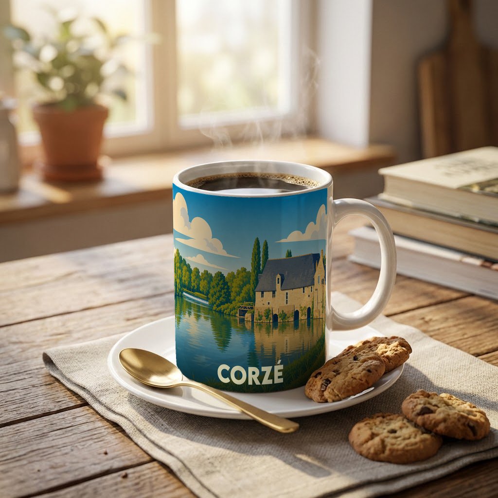 Mug souvenir de la ville de Corzé avec une illustration stylisée d'un moulin au bord de l'eau.