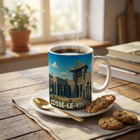 Mug souvenir de la ville de Cossé-le-Vivien avec une illustration stylisée du Musée Robert Tatin.
