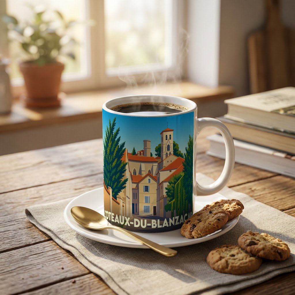 Mug souvenir de la ville de Coteaux-du-Blanzacais avec une illustration stylisée.