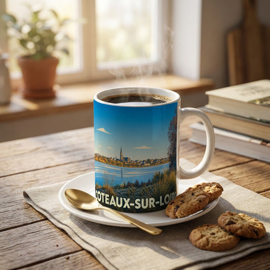 Mug souvenir de la ville de Coteaux-sur-Loire orné d'une illustration panoramique stylisée.