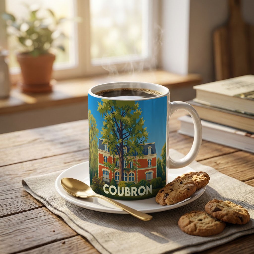 Mug souvenir de la ville de Coubron orné d'une illustration stylisée d'une demeure historique.