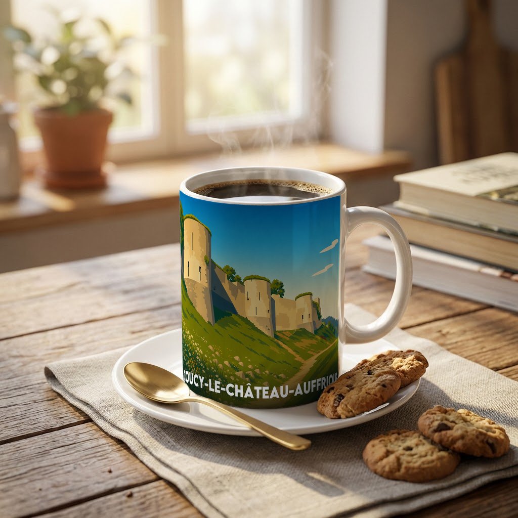 Mug souvenir de la ville de Coucy-le-Château-Auffrique avec une illustration stylisée de son château médiéval.