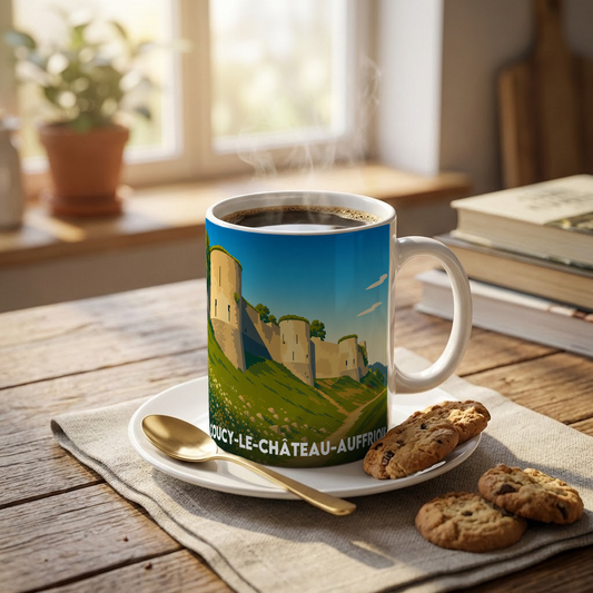 Mug souvenir de la ville de Coucy-le-Château-Auffrique avec une illustration stylisée de son château médiéval.