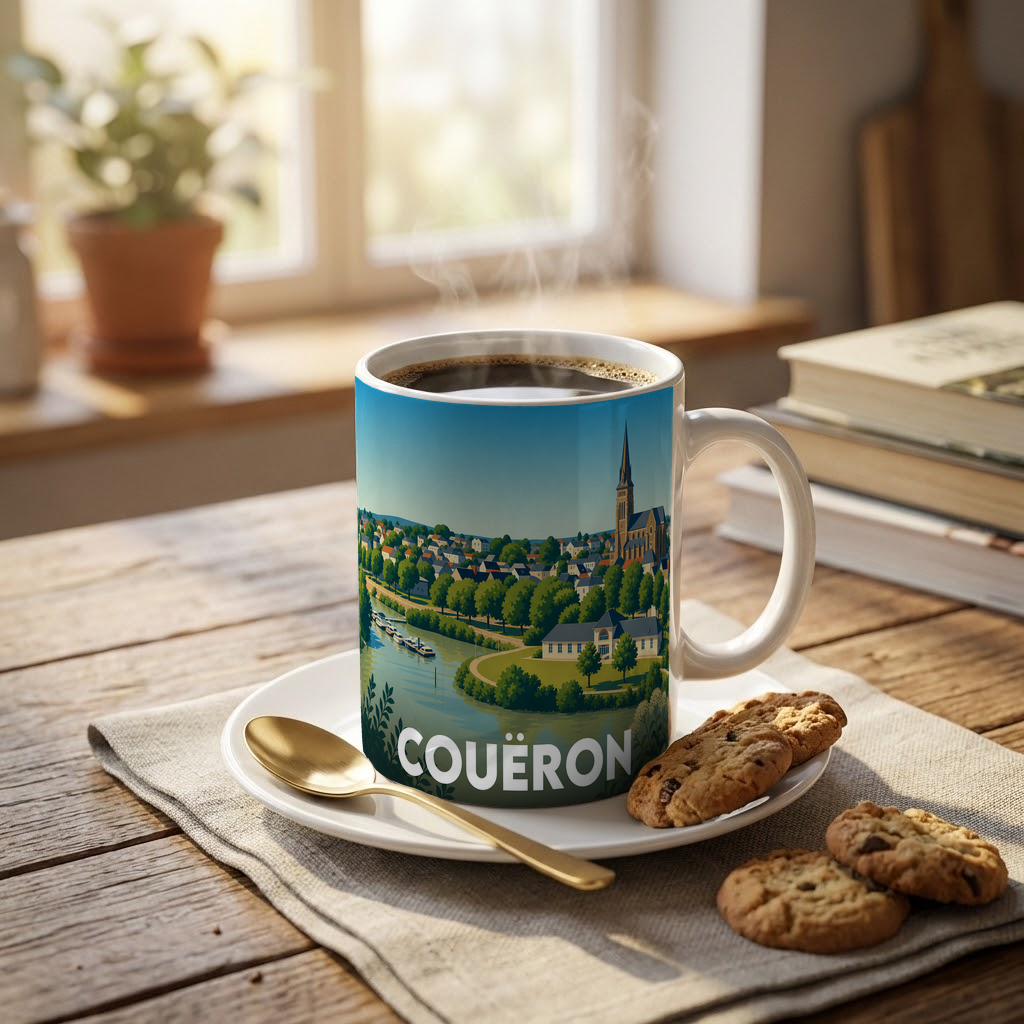 Mug souvenir de la ville de Couëron avec une illustration stylisée.