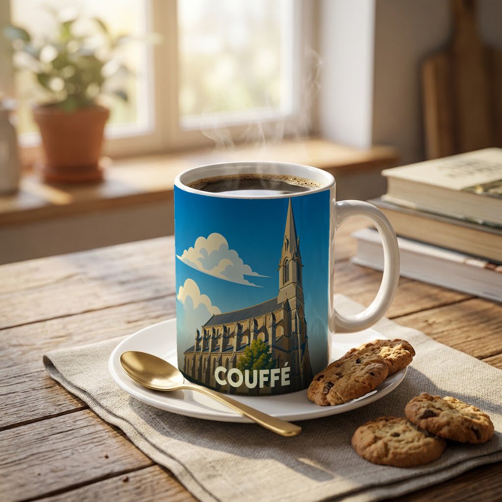 Mug souvenir de la ville de Couffé illustré d'une église stylisée sous un ciel bleu.