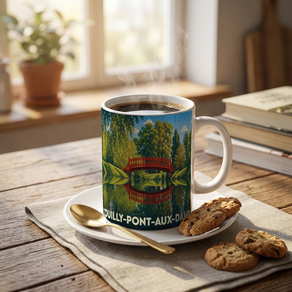 Mug souvenir de la ville de Couilly-Pont-aux-Dames illustré d'un pont rouge se reflétant dans l'eau.