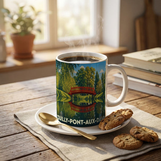 Mug souvenir de la ville de Couilly-Pont-aux-Dames illustré d'un pont rouge se reflétant dans l'eau.
