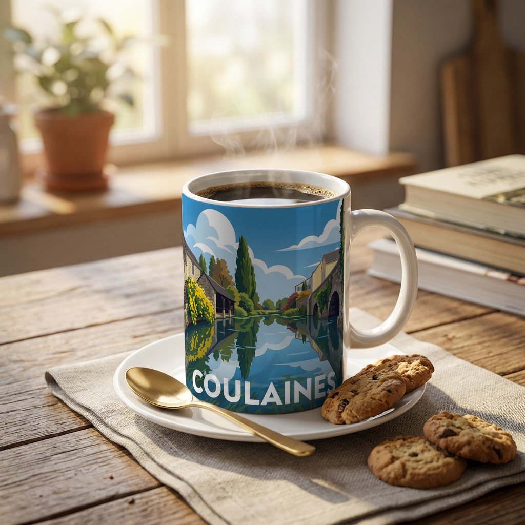 Mug souvenir de la ville de Coulaines avec une illustration stylisée.