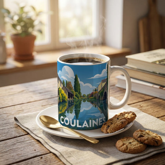 Mug souvenir de la ville de Coulaines avec une illustration stylisée.