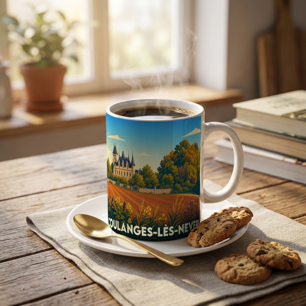 Mug souvenir de Coulanges-lès-Nevers orné d'une illustration stylisée d'un château et de paysages ruraux.