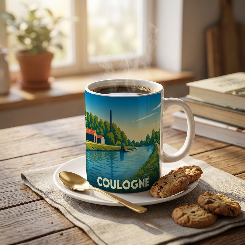 Mug souvenir de la ville de Coulogne orné d'une illustration stylisée de son canal.