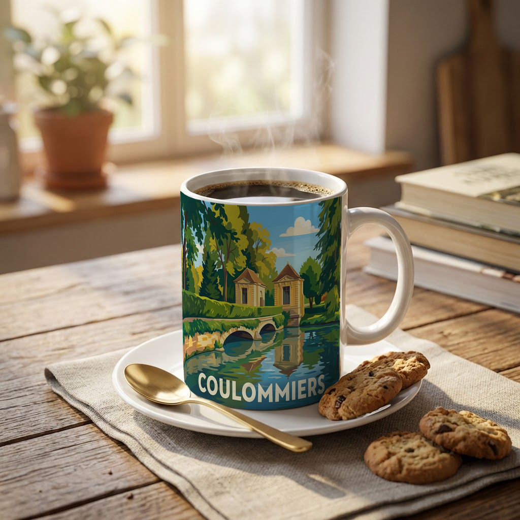 Mug souvenir de la ville de Coulommiers avec une illustration stylisée d'un pont et de pavillons au bord de l'eau.