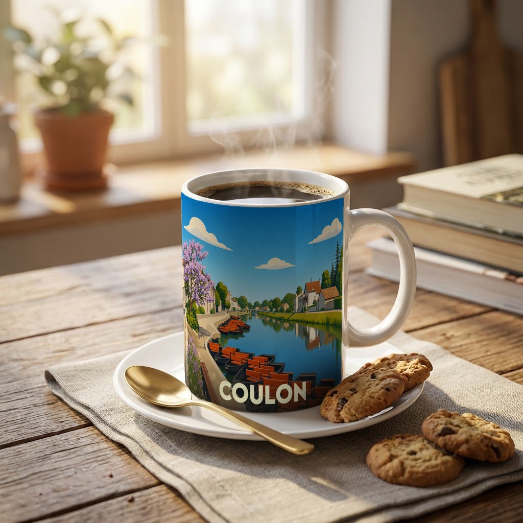 Mug souvenir de la ville de Coulon illustrant ses canaux et ses barques traditionnelles.