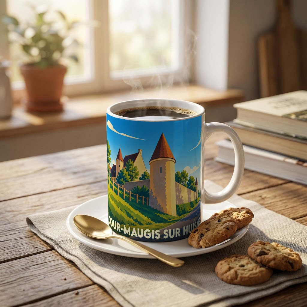 Mug souvenir de la commune de Cour-Maugis sur Huisne orné d'une illustration stylisée de ses paysages et monuments.