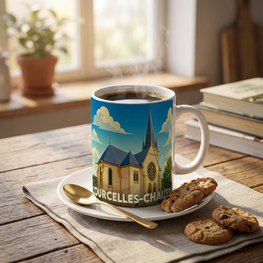 Mug souvenir de la ville de Courcelles-Chaussy avec une illustration stylisée de son église.